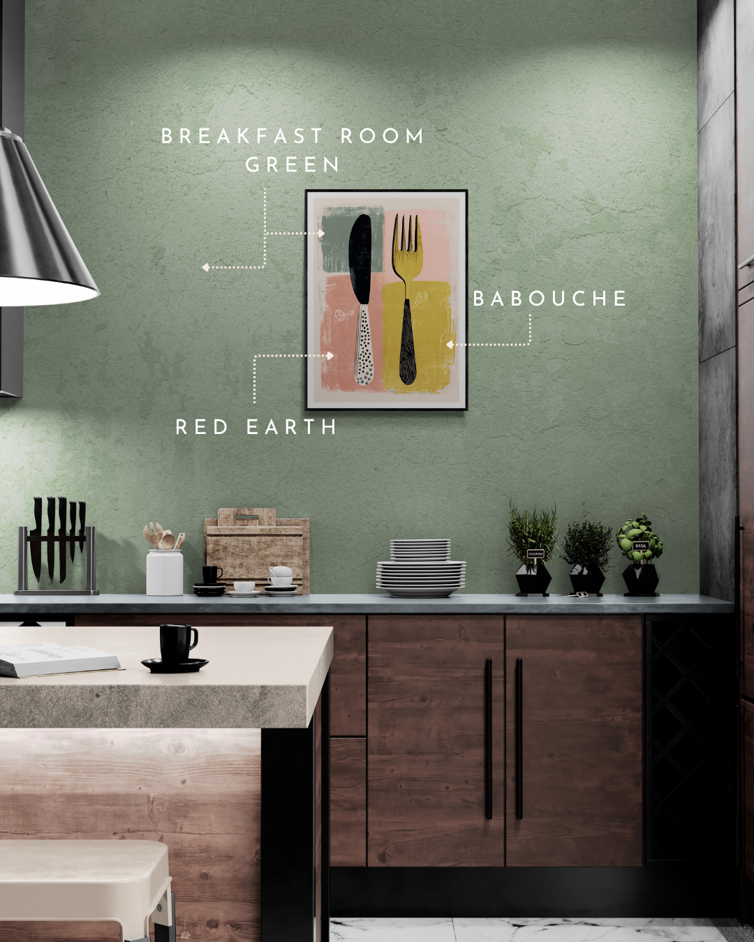 kitchen poster, cutlery, retro, quirky, bold, modern, colour matched, paint matched, farrow and ball, green walls,