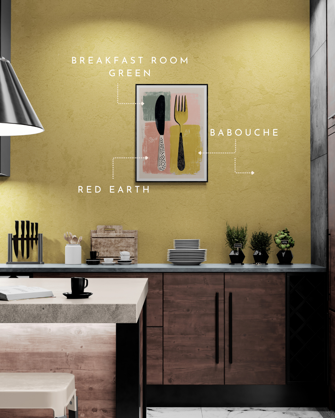 kitchen poster, cutlery, retro, quirky, bold, modern, colour matched, paint matched, farrow and ball, yellow walls