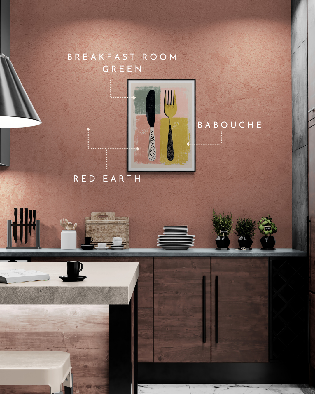 kitchen poster, cutlery, retro, quirky, bold, modern, colour matched, paint matched, farrow and ball, red walls