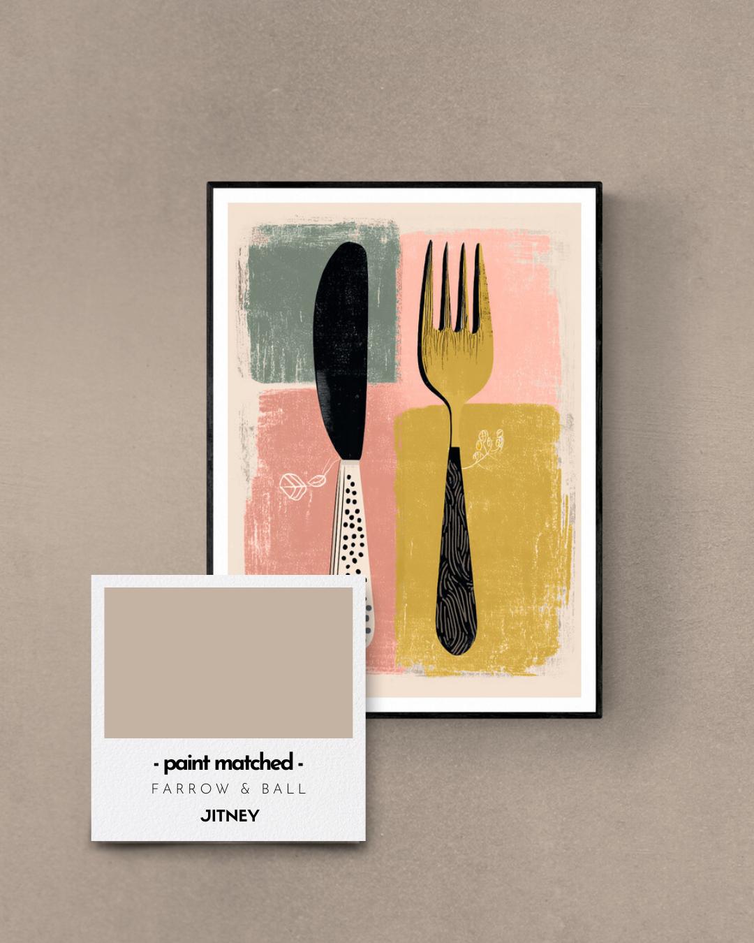kitchen poster, cutlery, retro, quirky, bold, modern, colour matched, paint matched, farrow and ball, beige, warm neutrals, jitney