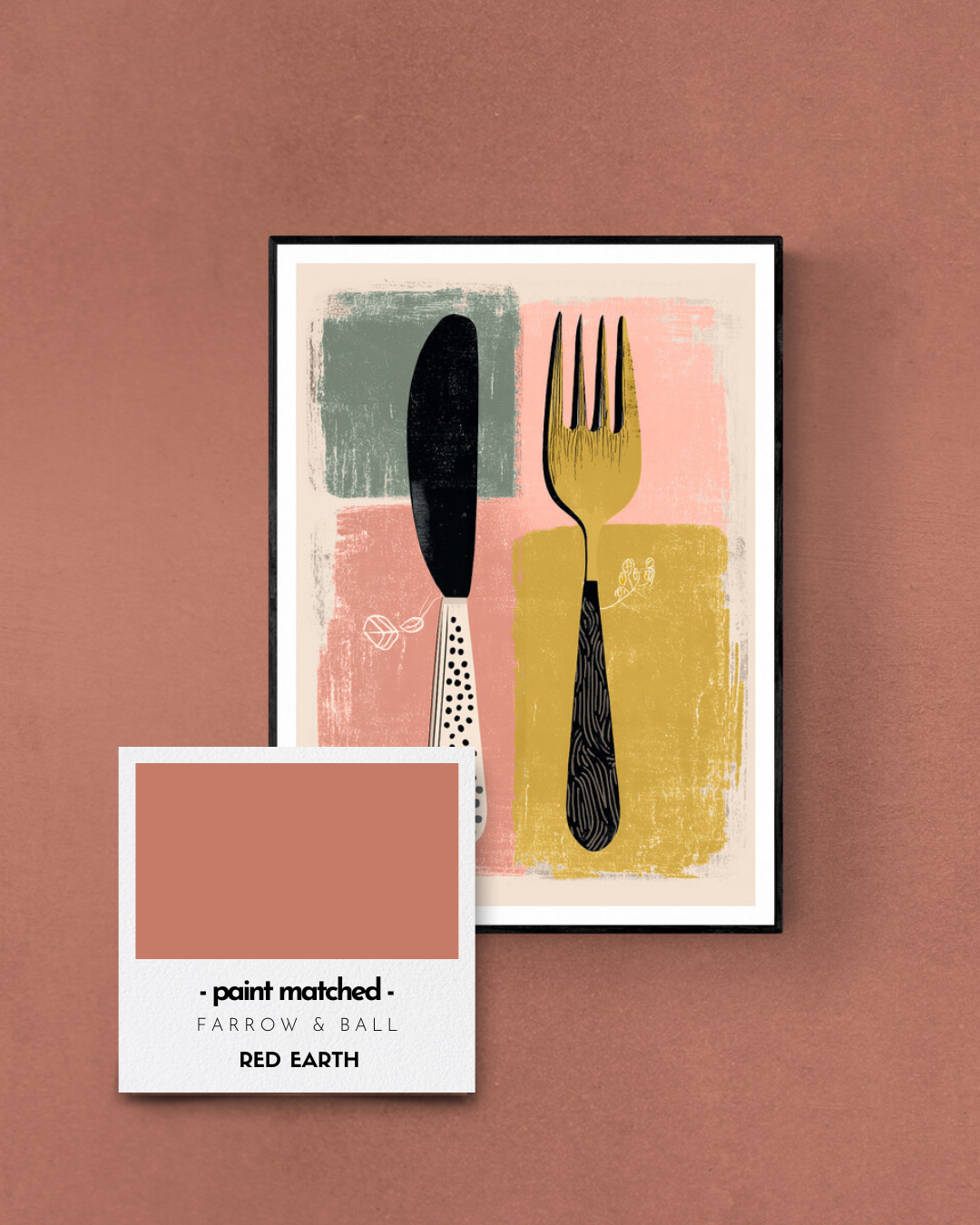 kitchen poster, cutlery, retro, quirky, bold, modern, colour matched, paint matched, farrow and ball, reds, red earth