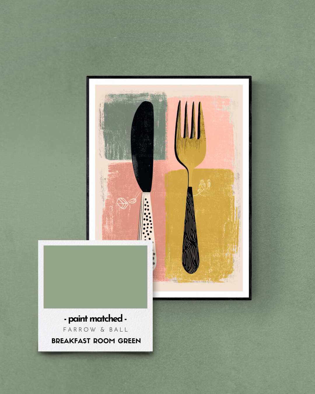 kitchen poster, cutlery, retro, quirky, bold, modern, colour matched, paint matched, farrow and ball, greens, breakfast room green