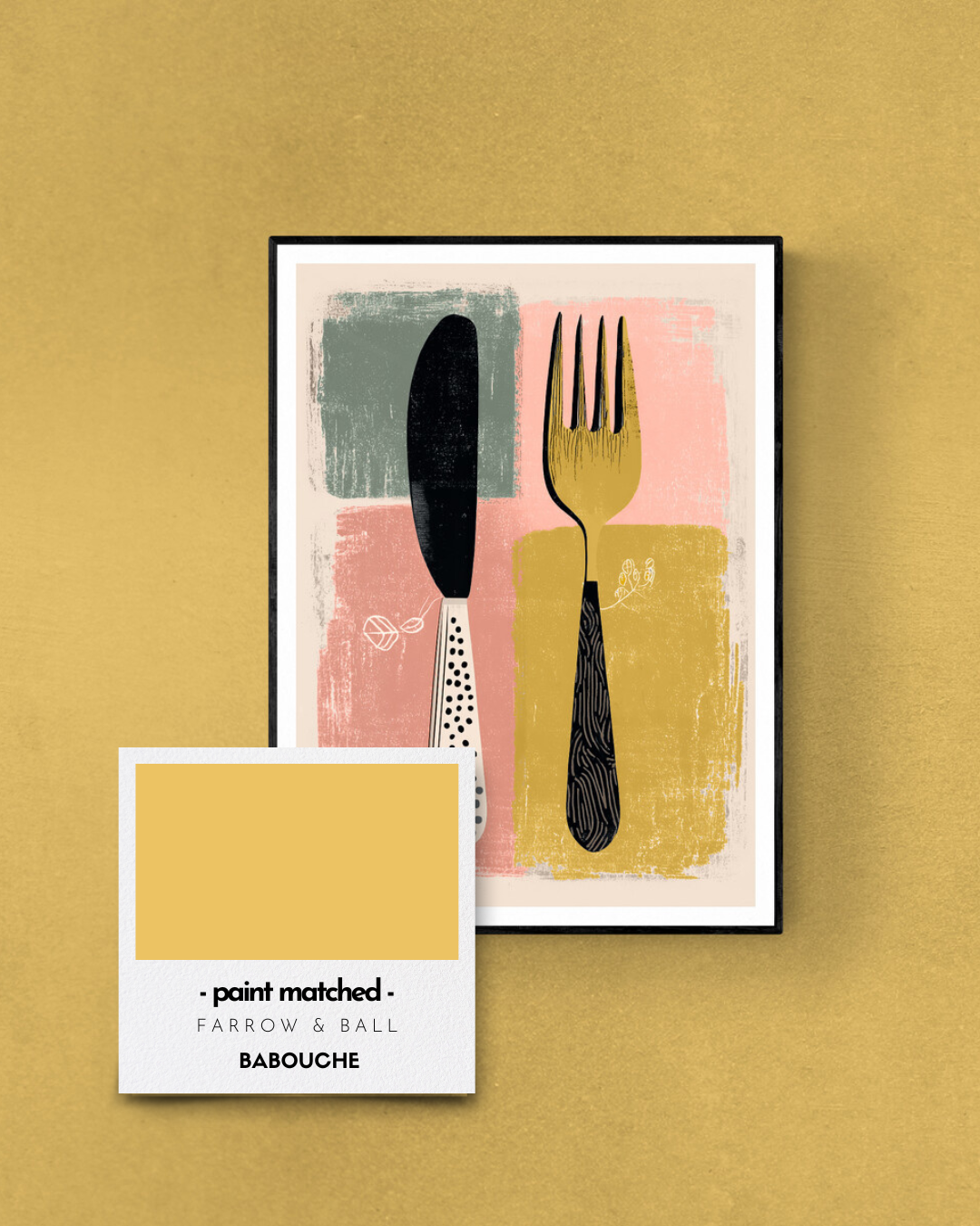 kitchen poster, cutlery, retro, quirky, bold, modern, colour matched, paint matched, farrow and ball, yellows, babouche