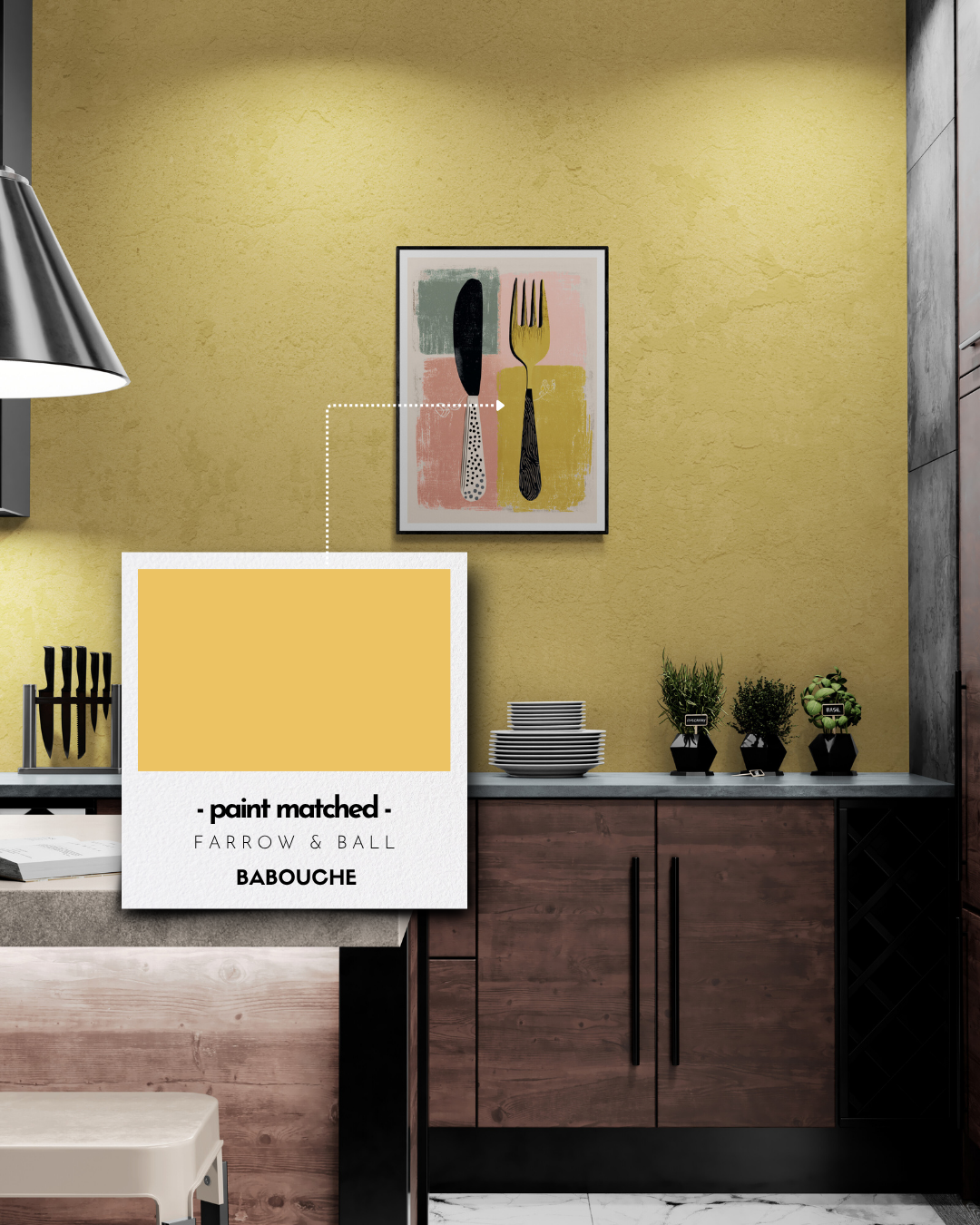 kitchen poster, cutlery, retro, quirky, bold, modern, colour matched, paint matched, farrow and ball, paint matched babouche
