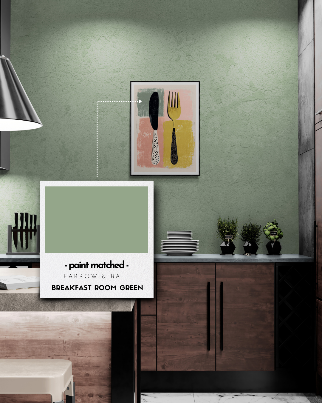 kitchen poster, cutlery, retro, quirky, bold, modern, colour matched, paint matched, farrow and ball, paint matched breakfast room green