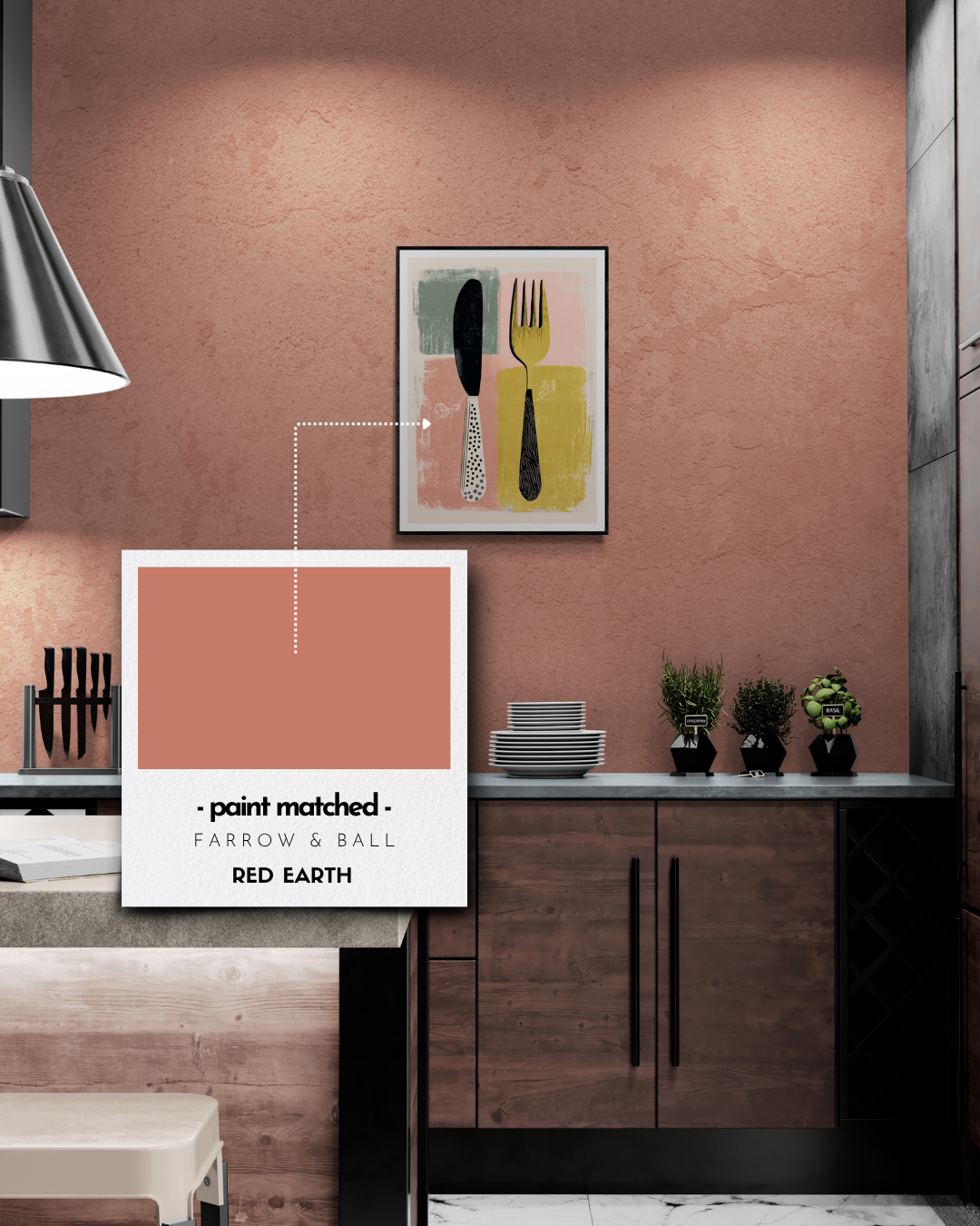 kitchen poster, cutlery, retro, quirky, bold, modern, colour matched, paint matched, farrow and ball, paint matched red earth