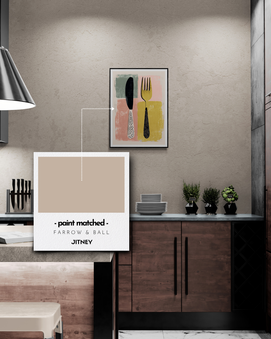 kitchen poster, cutlery, retro, quirky, bold, modern, colour matched, paint matched, farrow and ball, paint matched jitnet