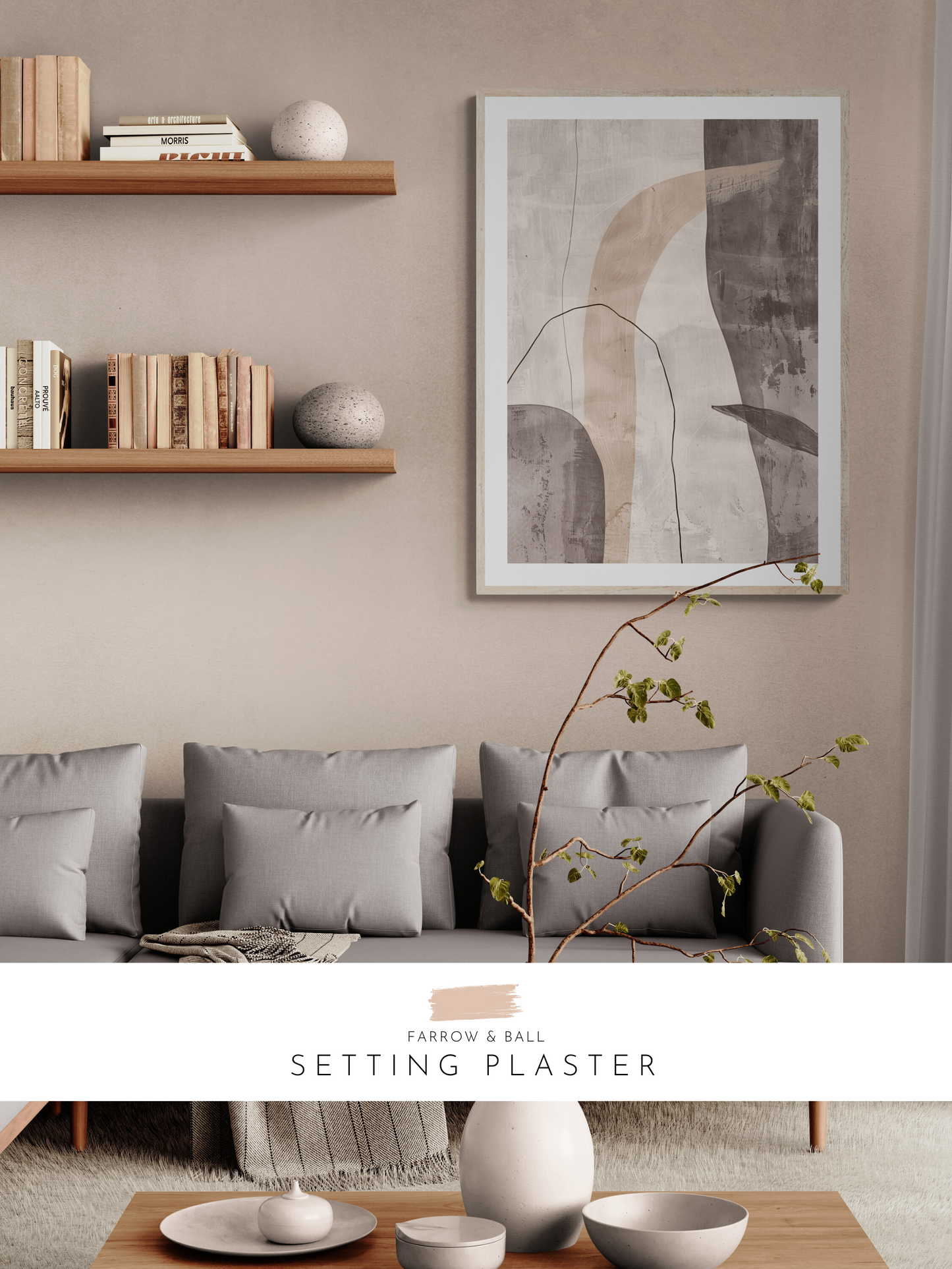 beige walls, neutral lounge, light decor, stylish decor, farrow and ball,