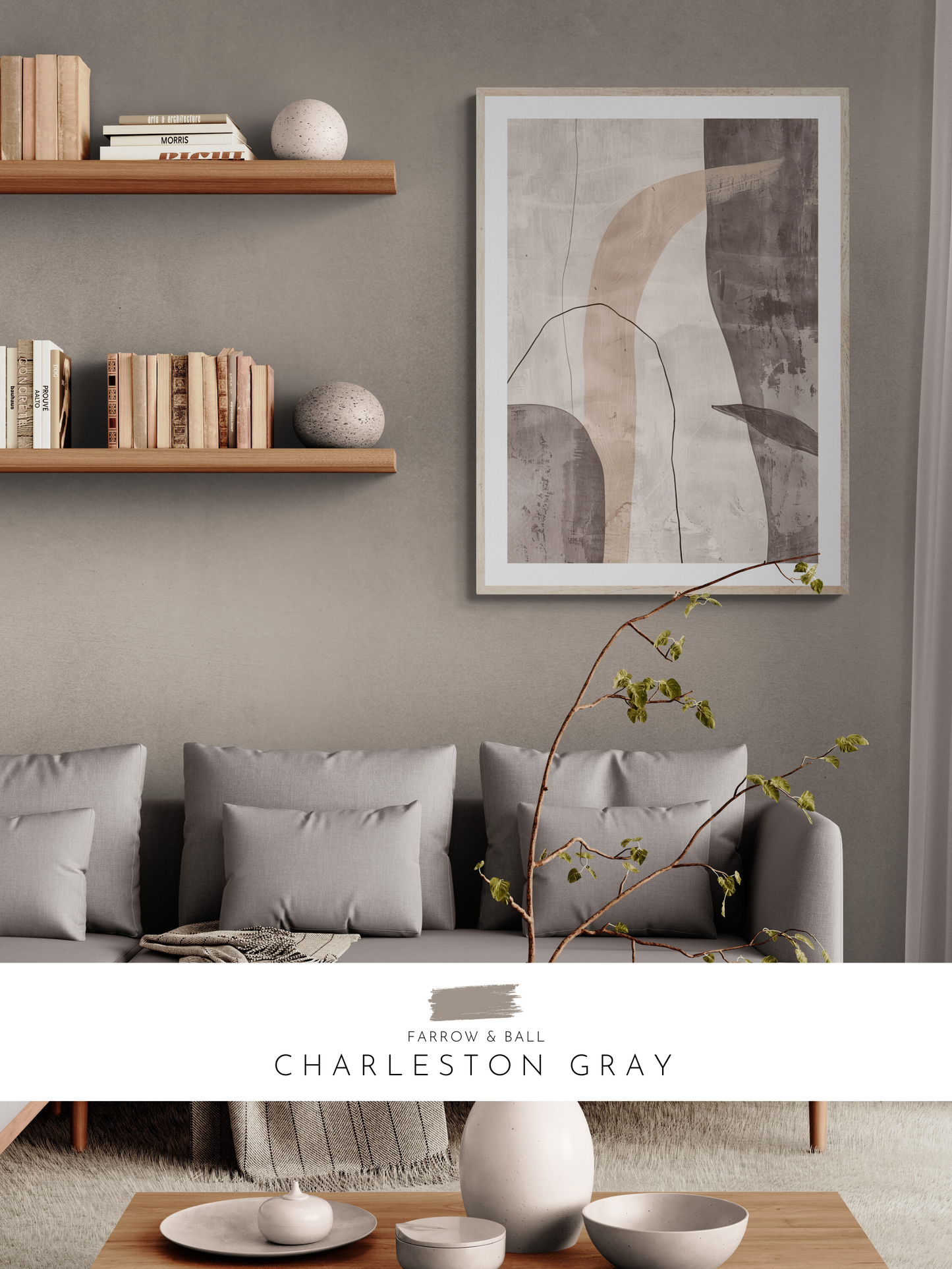 beige walls, grey lounge, light brown walls, stylish decor, farrow and ball,