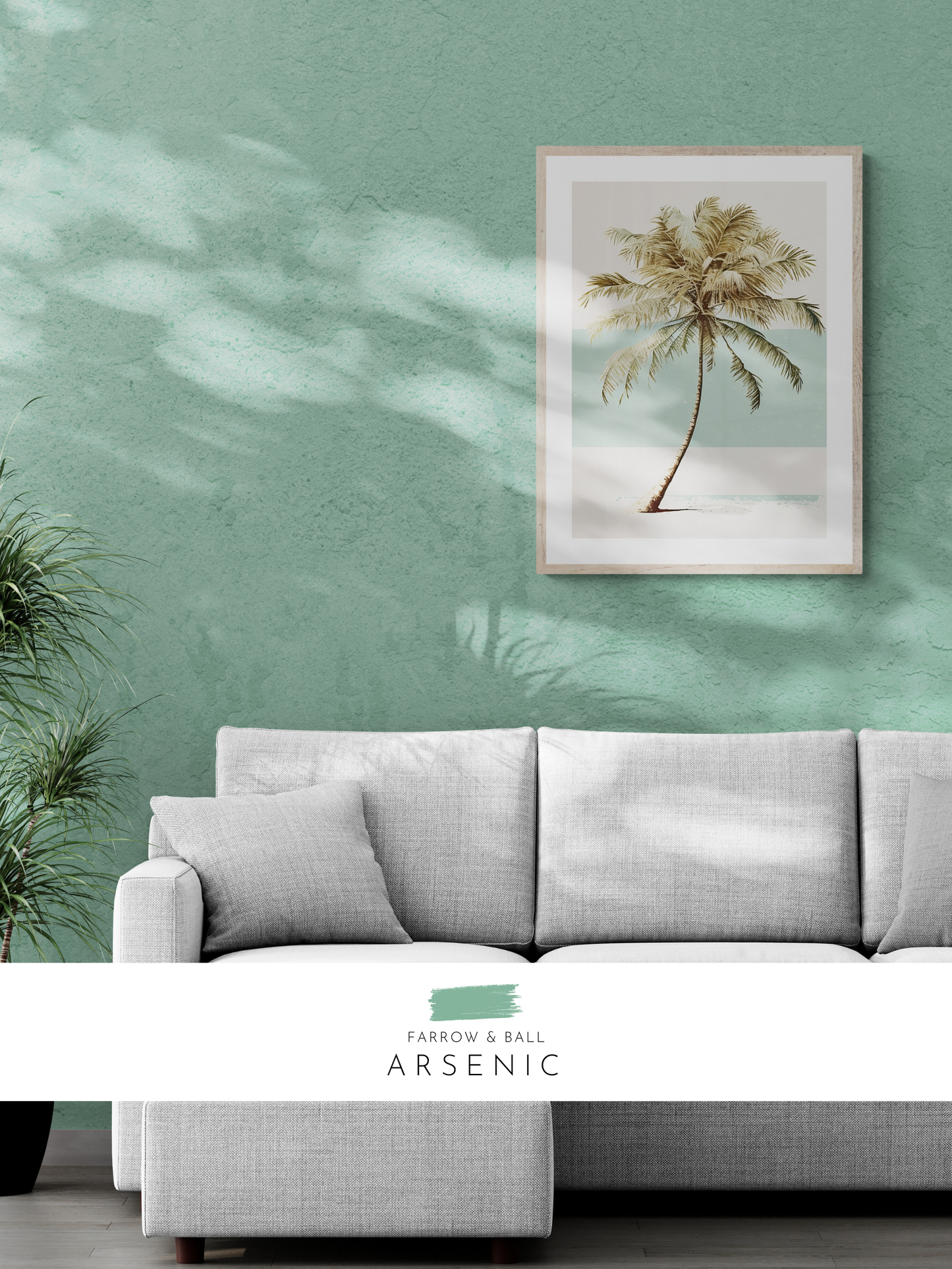 palm print, palm tree, farrow and ball, aqua, turquoise, lounge, living room wall art