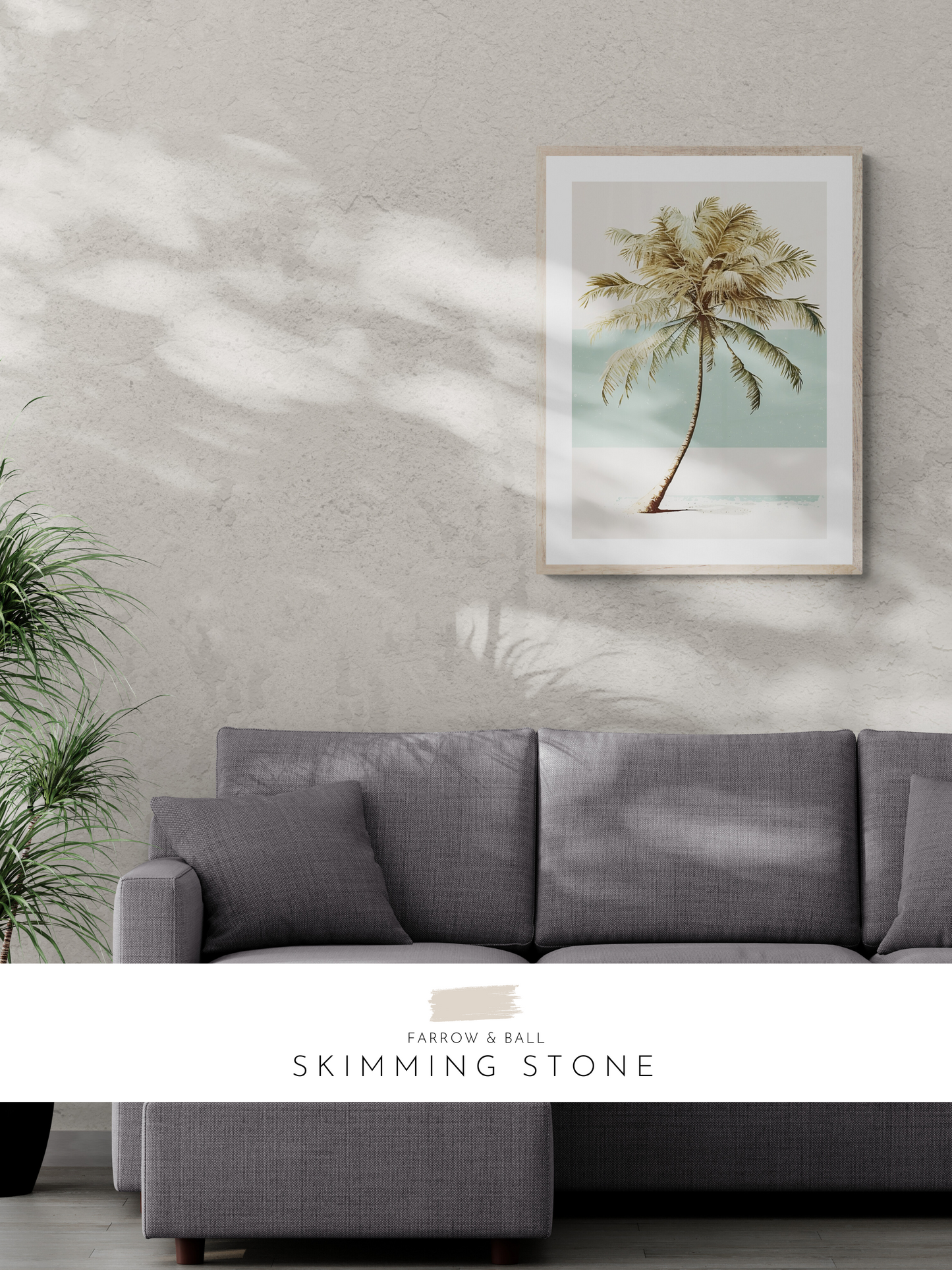 palm print, palm tree, farrow and ball, beige, neutral, lounge, living room wall art