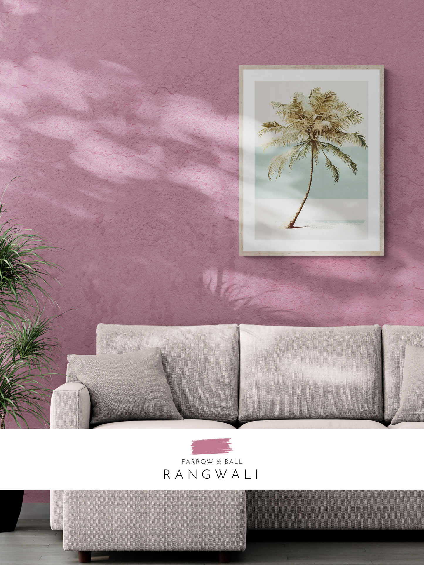 palm print, palm tree, farrow and ball, pink, bright, lounge, living room wall art