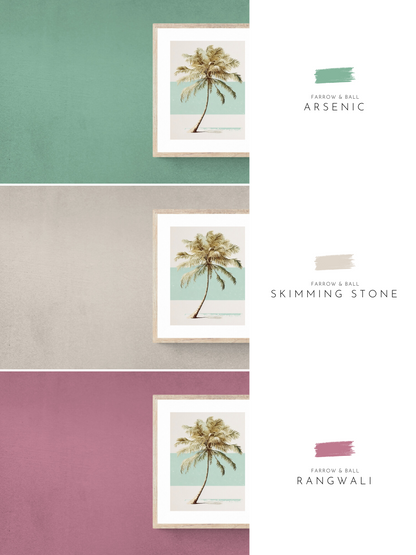 palm print, palm tree, farrow and ball, pink, beige, green, 