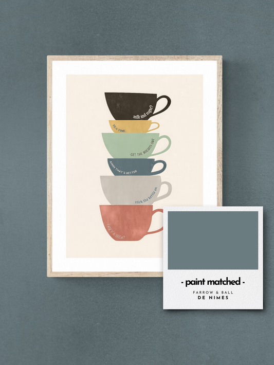 tea poster, quirky kitchen print, tea print, brew poster, farrow and ball, blues