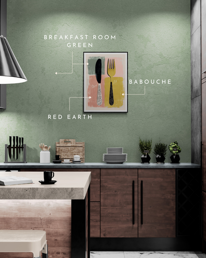 kitchen poster, cutlery, retro, quirky, bold, modern, colour matched, paint matched, farrow and ball, green walls, 