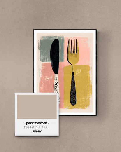 kitchen poster, cutlery, retro, quirky, bold, modern, colour matched, paint matched, farrow and ball, beige, warm neutrals, jitney