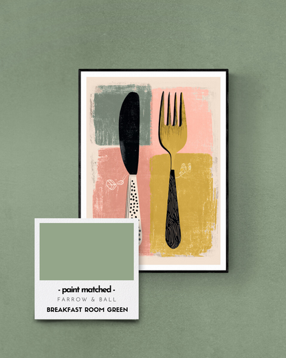 kitchen poster, cutlery, retro, quirky, bold, modern, colour matched, paint matched, farrow and ball, greens, breakfast room green