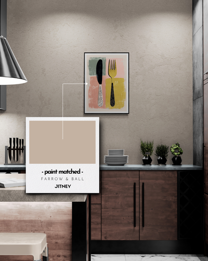 kitchen poster, cutlery, retro, quirky, bold, modern, colour matched, paint matched, farrow and ball, paint matched jitnet