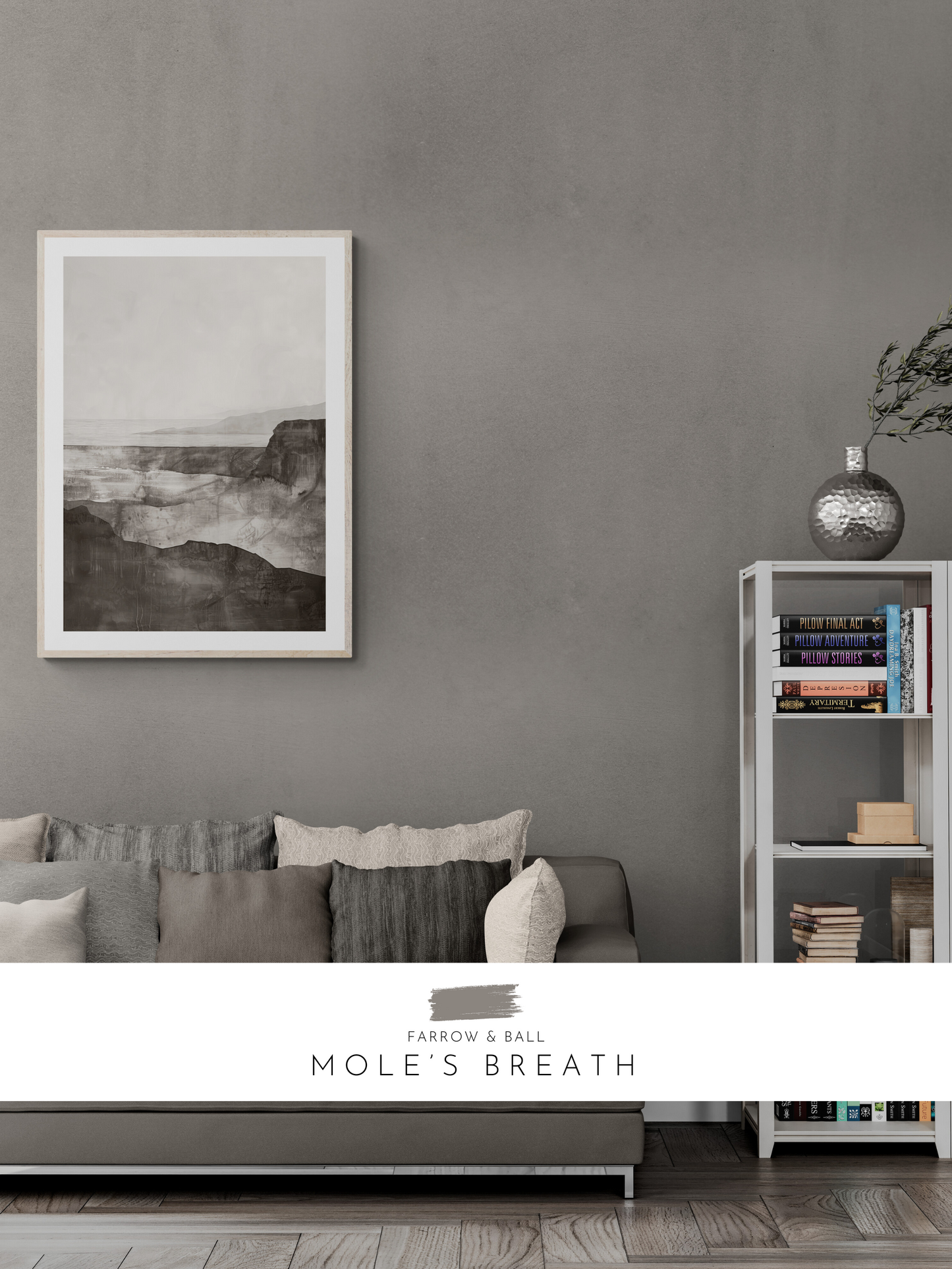 monochrome print, moody wall decor, stylish lounge, farrow and ball, grey walls, 