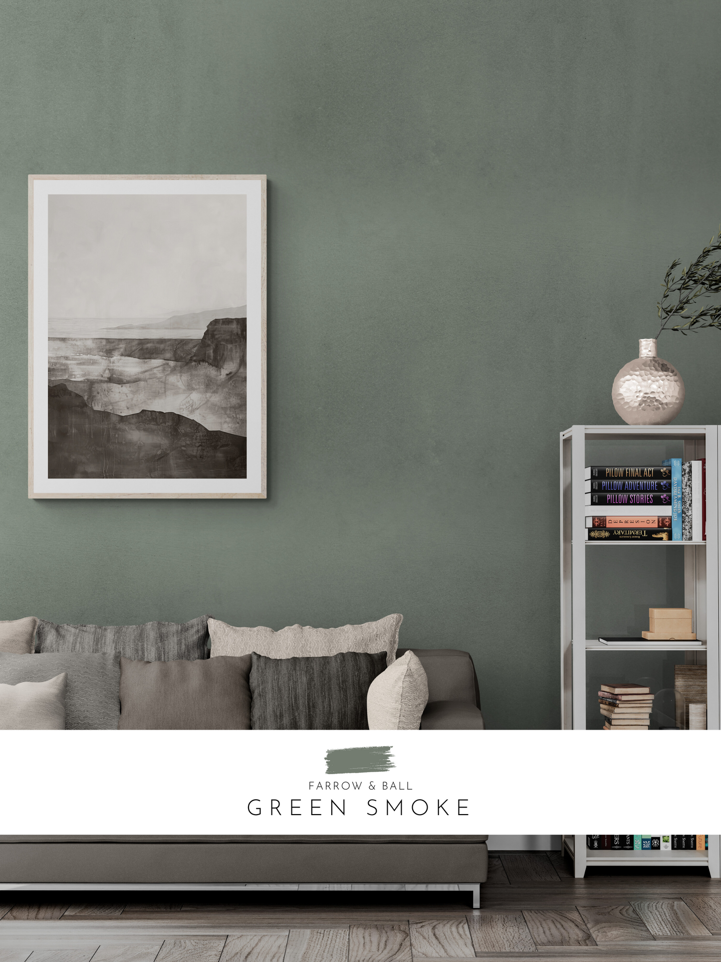 monochrome print, moody wall decor, stylish lounge, farrow and ball, green walls, decor, 