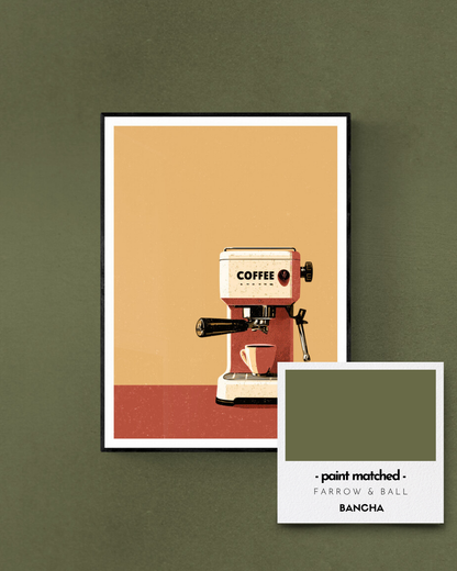 coffee art print, espresso, retro, vintage, kitchen art, retro poster, bancha, greens