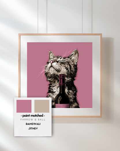 cat art print, pink walls, beige walls, quirky prints, stylish art, animal prints, wine lovers, cat lovers, 