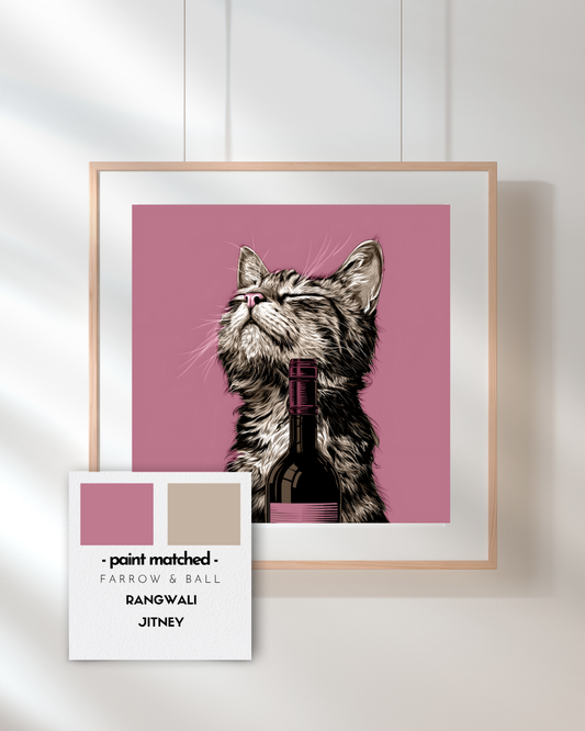 cat art print, pink walls, beige walls, quirky prints, stylish art, animal prints, wine lovers, cat lovers, 