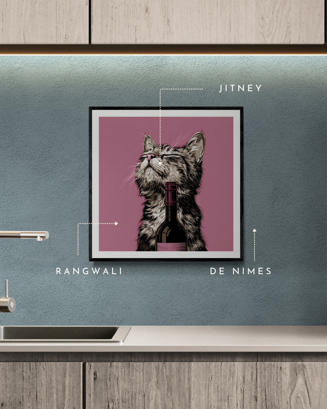 cat art print, pink walls, beige walls, quirky prints, stylish art, animal prints, wine lovers, cat lovers, blues