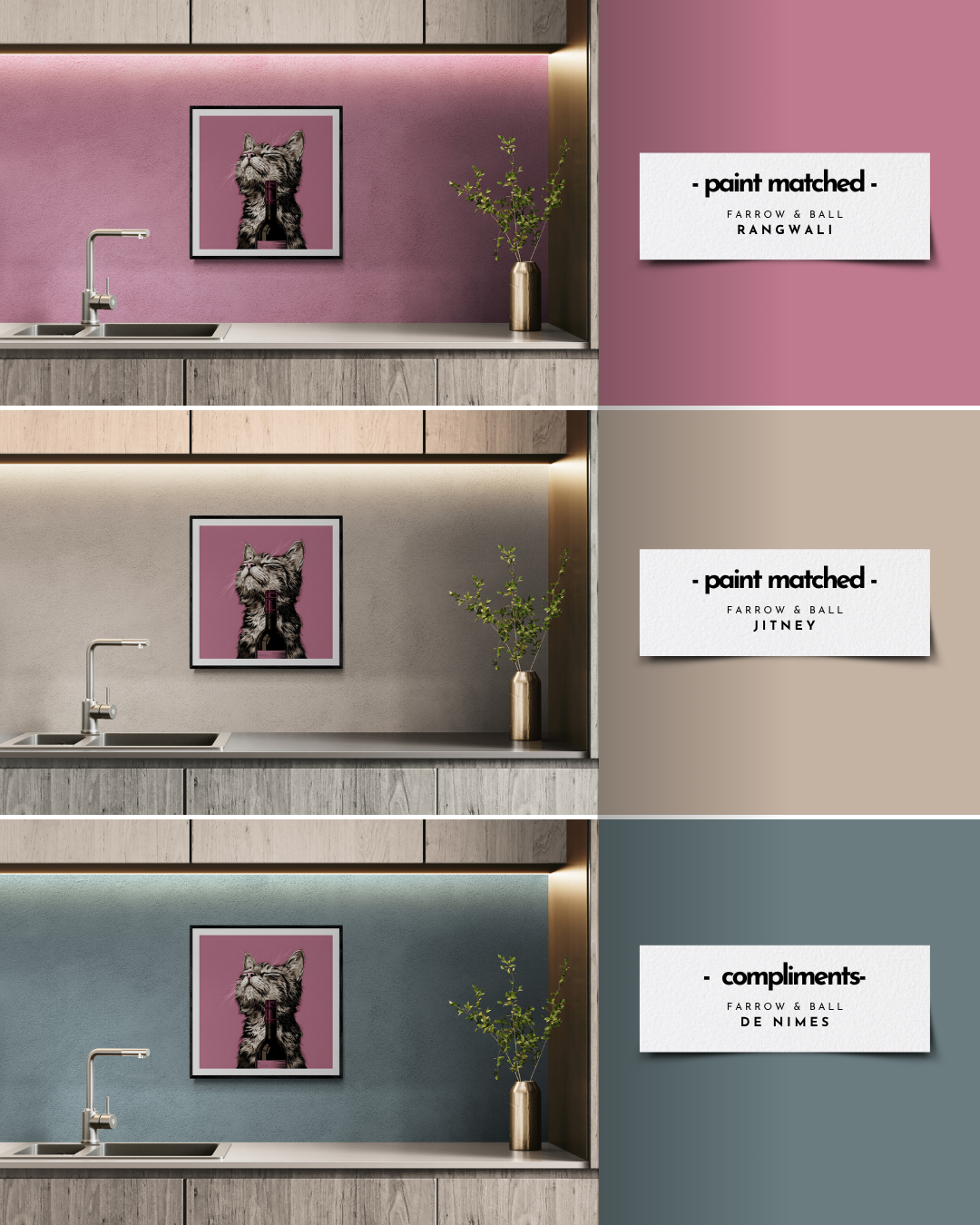cat art print, pink walls, beige walls, quirky prints, stylish art, animal prints, wine lovers, cat lovers, colour matched prints