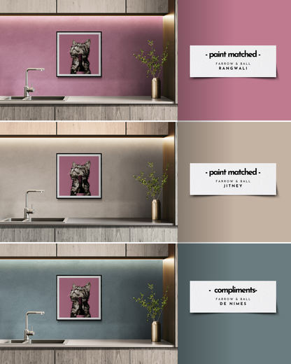 cat art print, pink walls, beige walls, quirky prints, stylish art, animal prints, wine lovers, cat lovers, colour matched prints