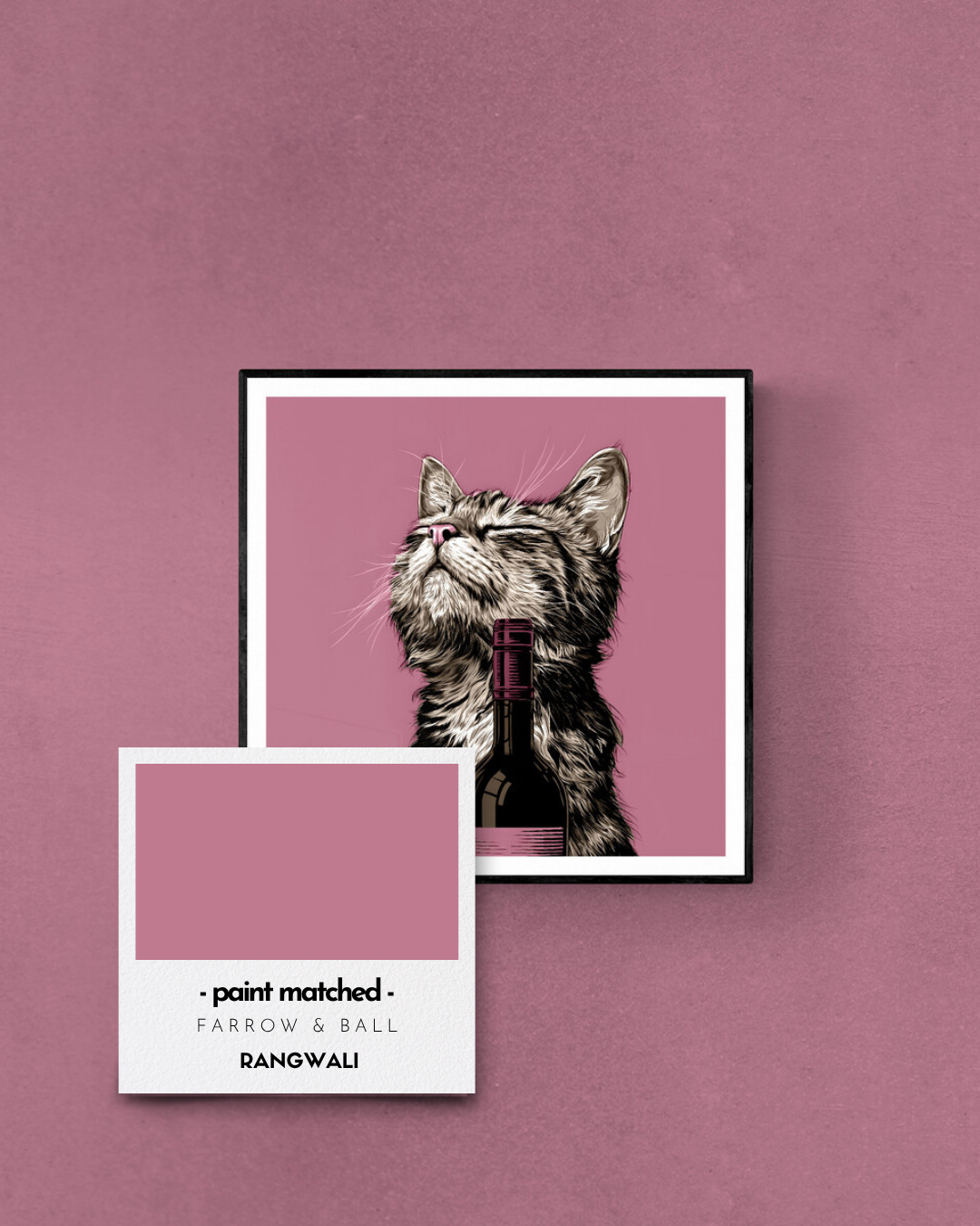 cat art print, pink walls, beige walls, quirky prints, stylish art, animal prints, wine lovers, cat lovers, rangwali
