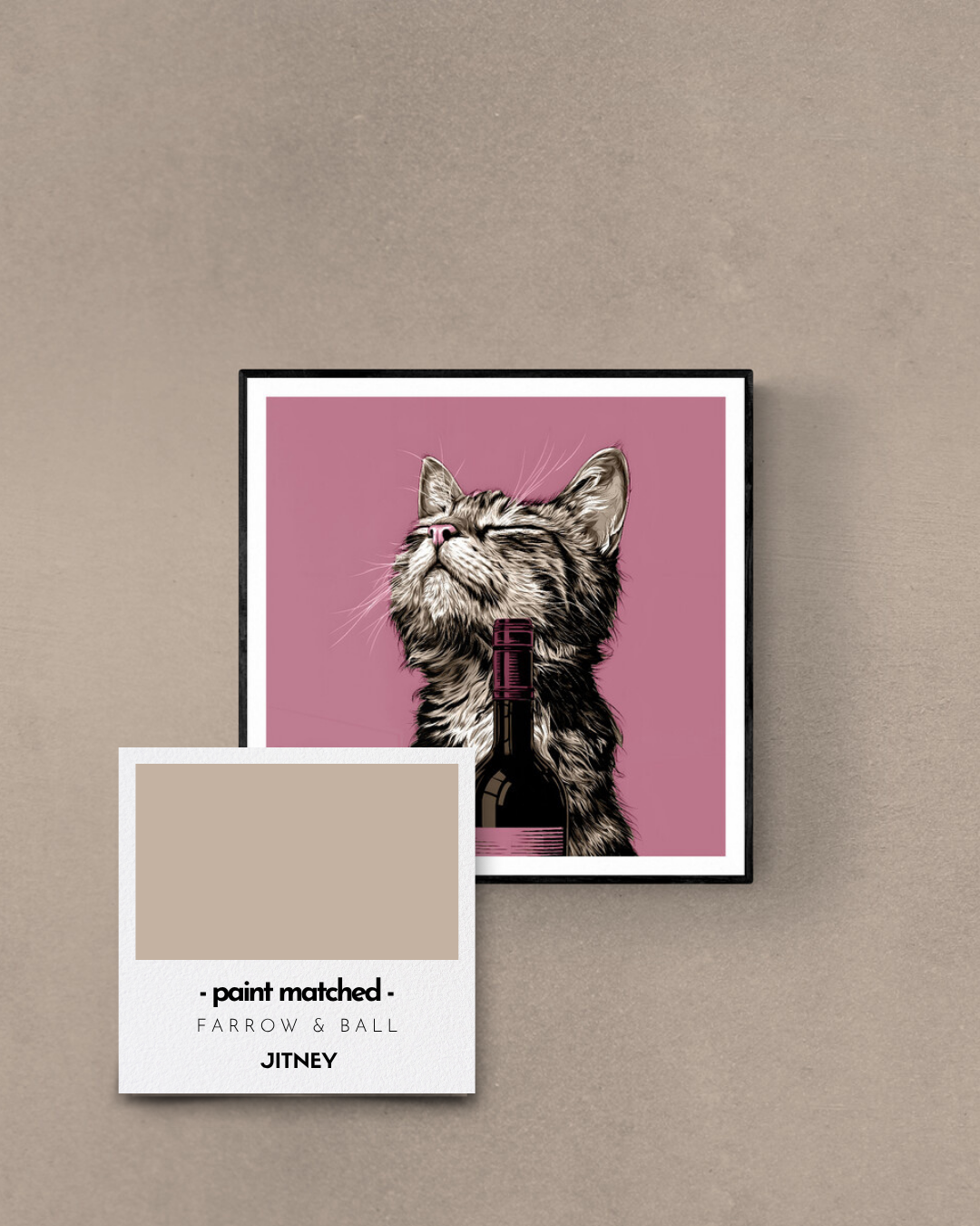 cat art print, pink walls, beige walls, quirky prints, stylish art, animal prints, wine lovers, cat lovers, jitney