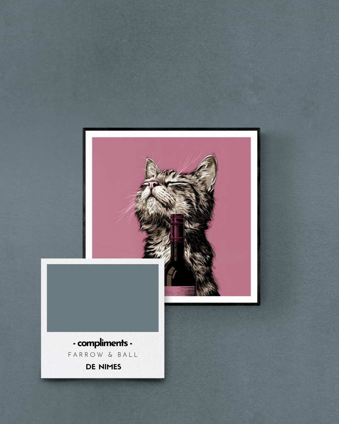 cat art print, pink walls, beige walls, quirky prints, stylish art, animal prints, wine lovers, cat lovers, de nimes