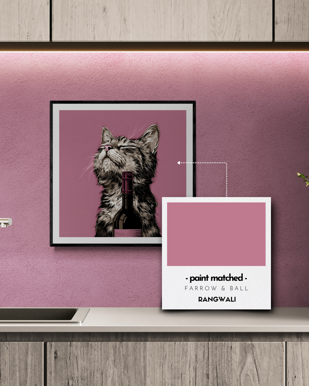cat art print, pink walls, beige walls, quirky prints, stylish art, animal prints, wine lovers, cat lovers, pinks