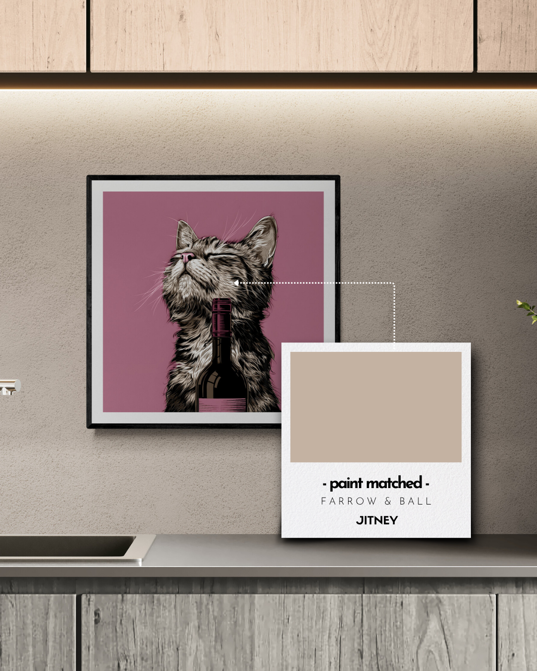 cat art print, pink walls, beige walls, quirky prints, stylish art, animal prints, wine lovers, cat lovers, warm neutrals, 