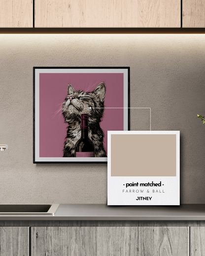 cat art print, pink walls, beige walls, quirky prints, stylish art, animal prints, wine lovers, cat lovers, warm neutrals, 