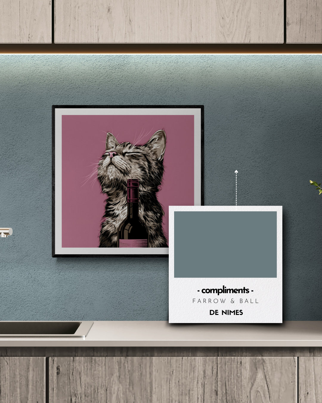 cat art print, pink walls, beige walls, quirky prints, stylish art, animal prints, wine lovers, cat lovers, blues, 