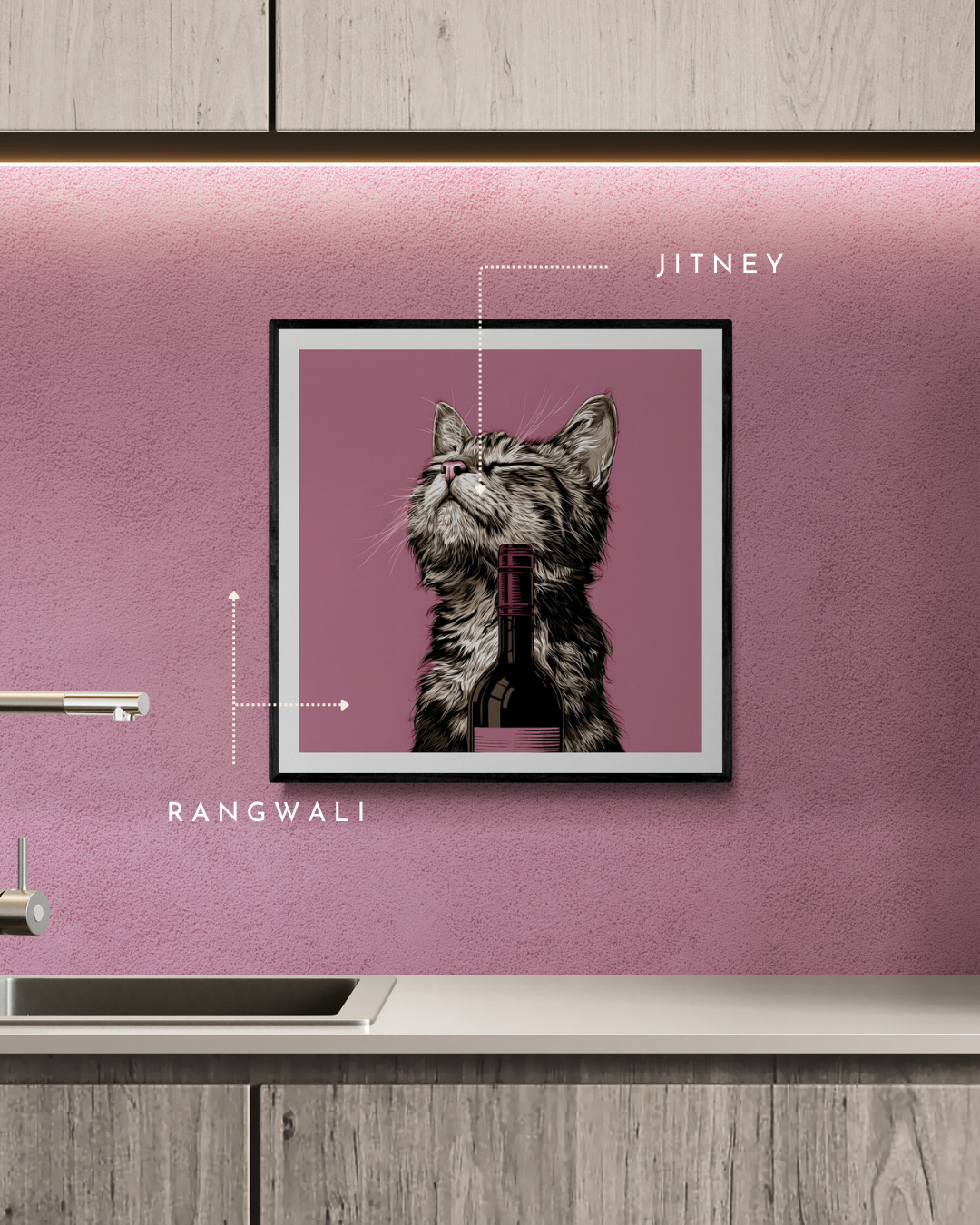 cat art print, pink walls, beige walls, quirky prints, stylish art, animal prints, wine lovers, cat lovers, pink walls