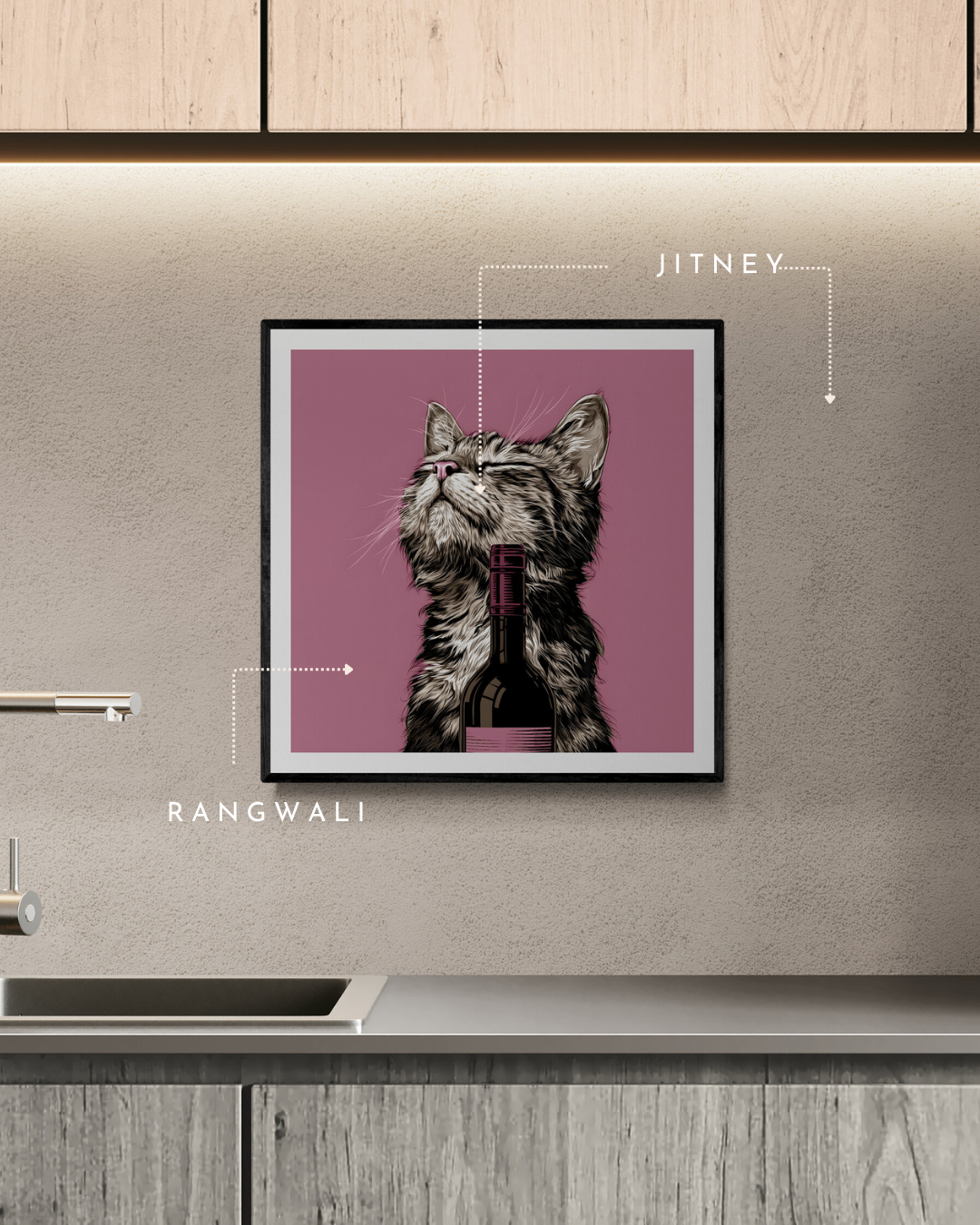 cat art print, pink walls, beige walls, quirky prints, stylish art, animal prints, wine lovers, cat lovers, beige walls