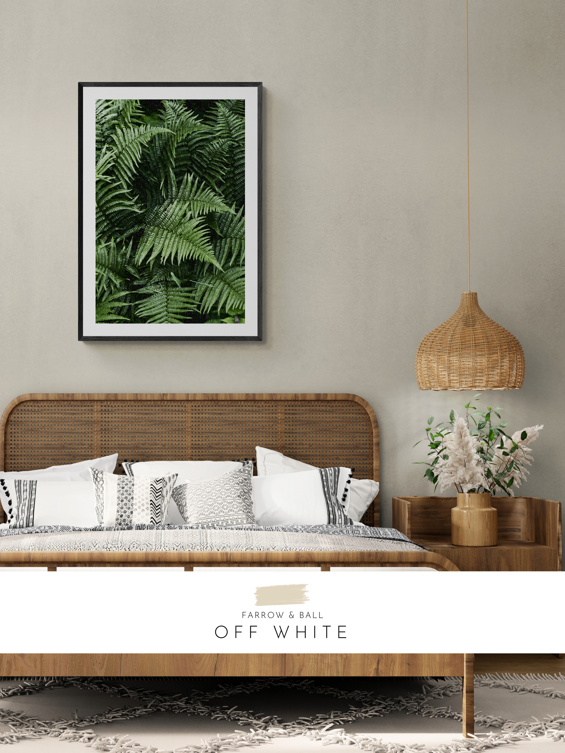 fern print, farrow and ball, airy bedroom, modern, earthy, white, neutral