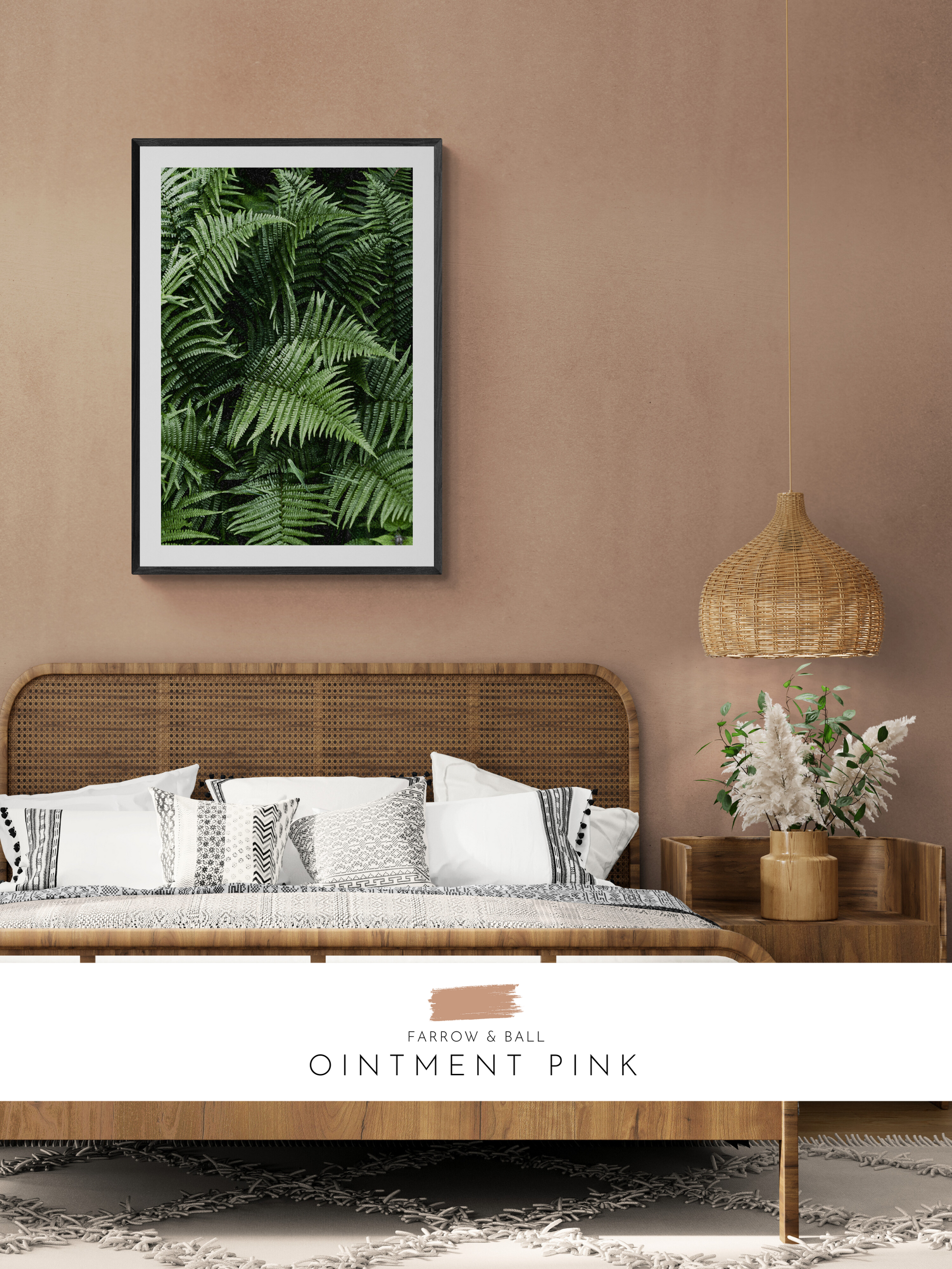 fern print, farrow and ball, red, pink, stylish bedroom
