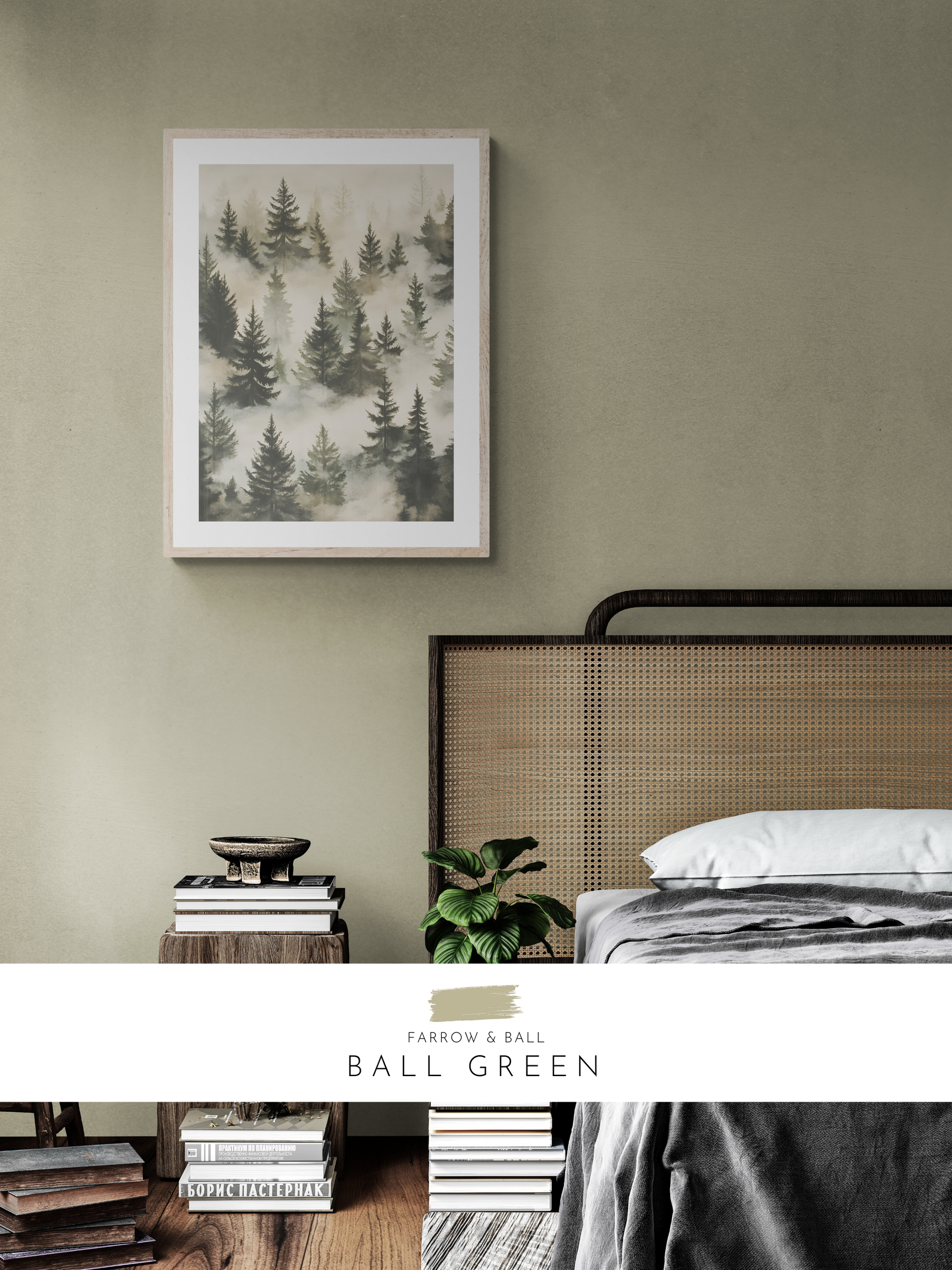 forest watercolour, earthy bedroom, modern wall art, farrow & ball