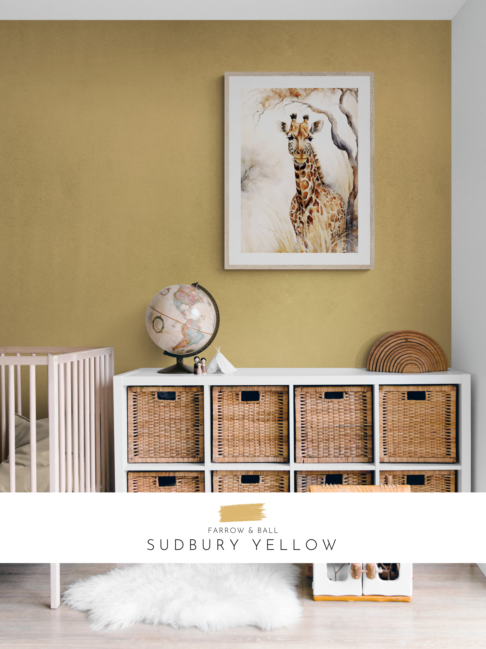 giraffe print, bright nursery, colourful nursery, yellow, animal themed nursery, farrow & ball, 