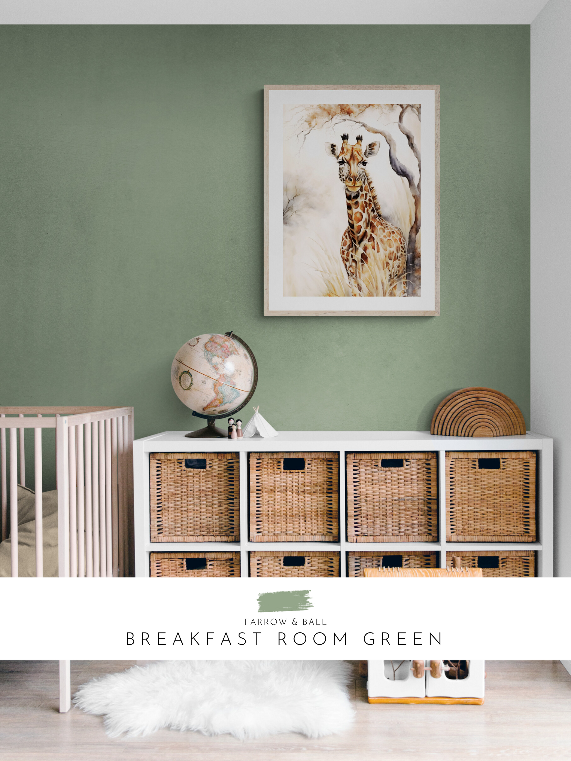 giraffe print, bright nursery, colourful, pastel nursery, green, animal themed nursery, farrow & ball, 