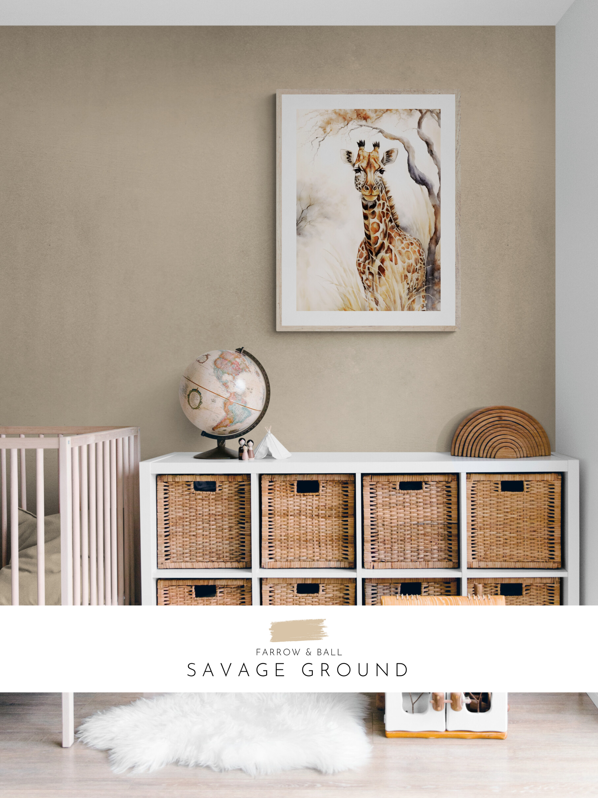 giraffe print, neutral nursery, beige walls, modern nursery, animal themed nursery, farrow & ball, 