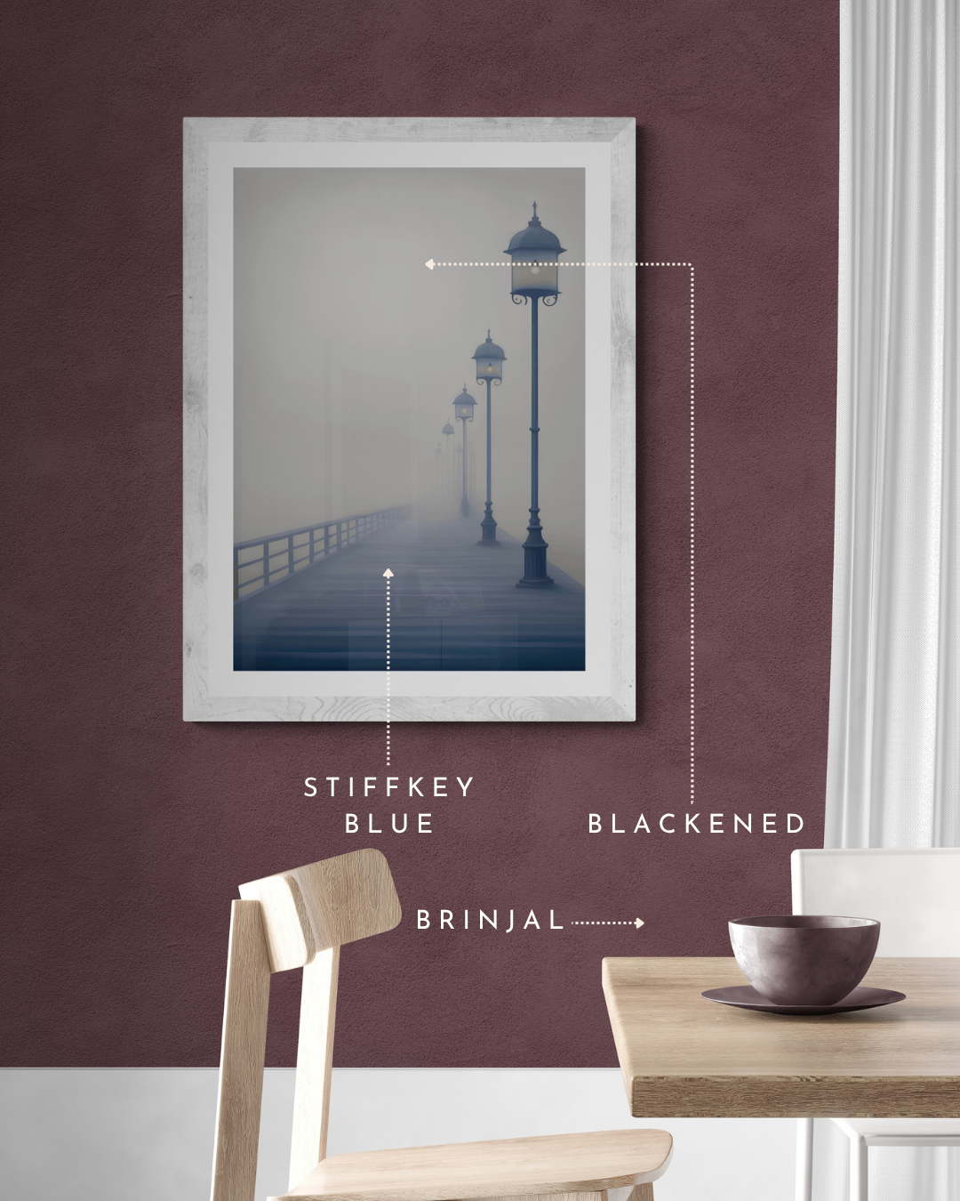 moody pier poster, misty print, stormy, weather, neutral, calming print, farrow and ball, paint matched prints, burgundy walls