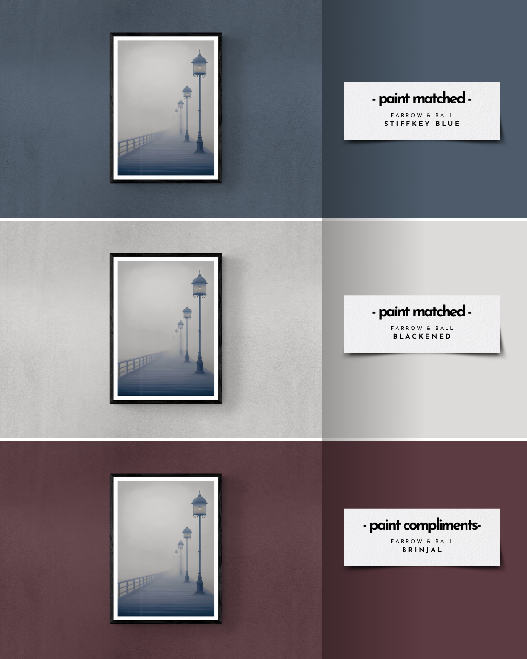 moody pier poster, misty print, stormy, weather, neutral, calming print, farrow and ball, paint matched prints, 