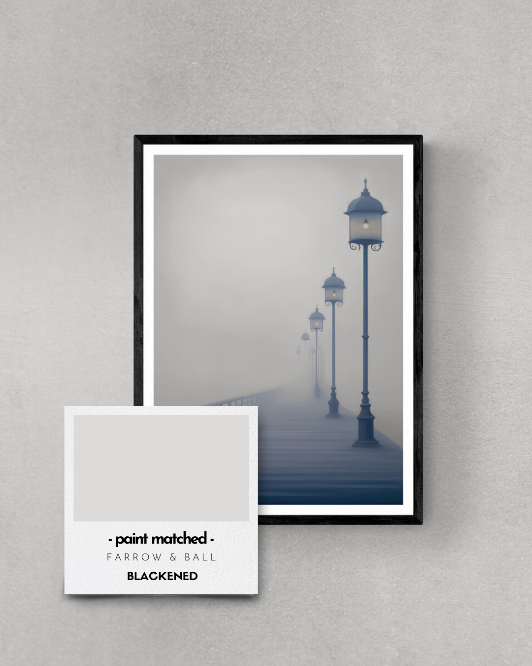 moody pier poster, misty print, stormy, weather, neutral, calming print, farrow and ball, paint matched prints, cool neutrals, blackened