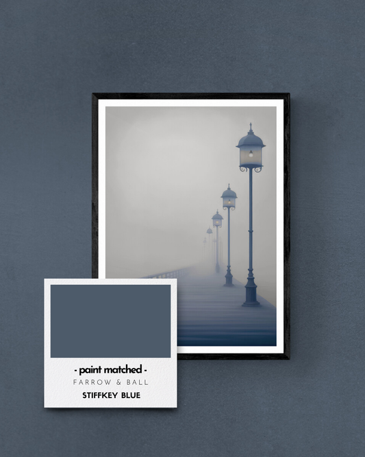 moody pier poster, misty print, stormy, weather, neutral, calming print, farrow and ball, paint matched prints, blues, stiffkey blue