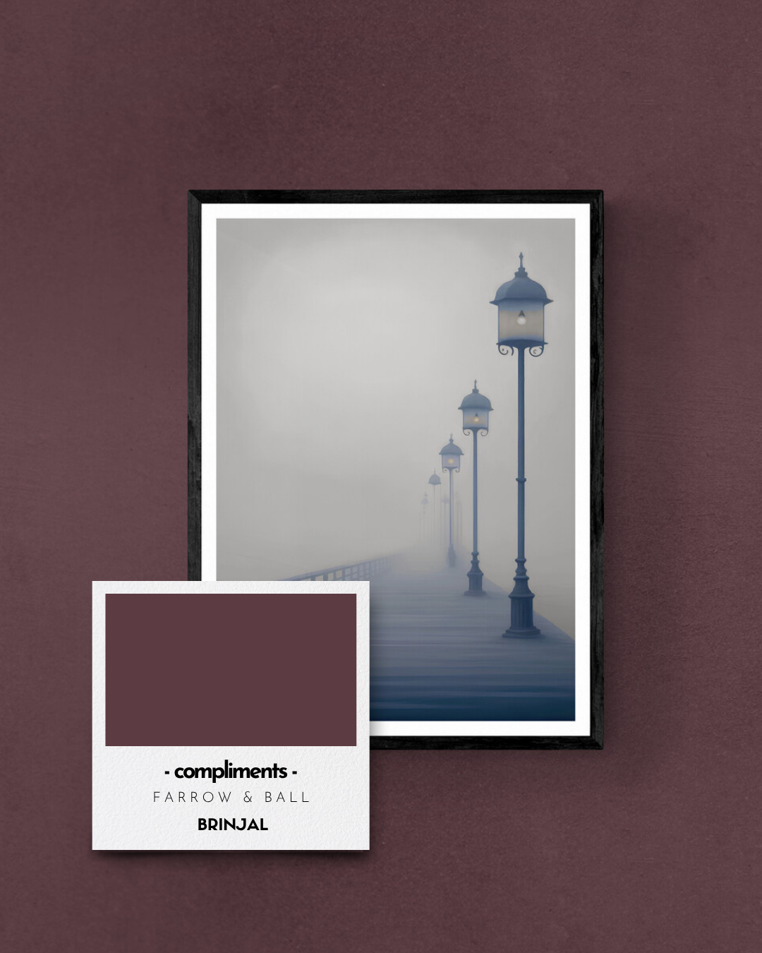 moody pier poster, misty print, stormy, weather, neutral, calming print, farrow and ball, paint matched prints, burgundies, brinjal